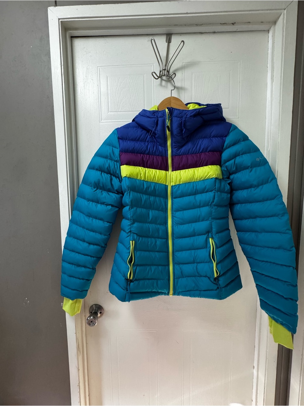 Teal Puffer Jacket with Lime and Purple Accent